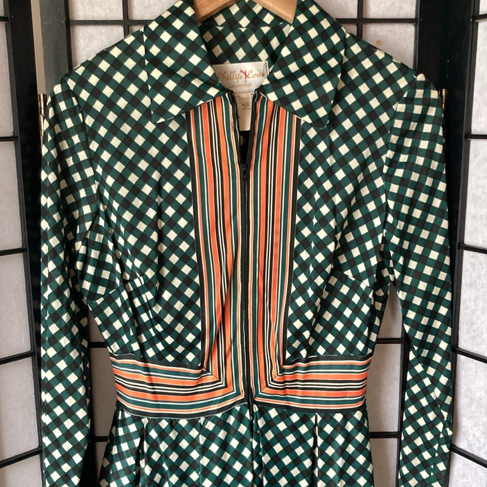 Phillip Lowe vintage 70s dress, zipper front, green checked with orange trim
